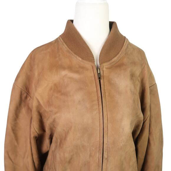 Vintage Sheep Leather Brown Tan Leather Zip Front Bomber Jacket Mens L - Picture 2 of 5